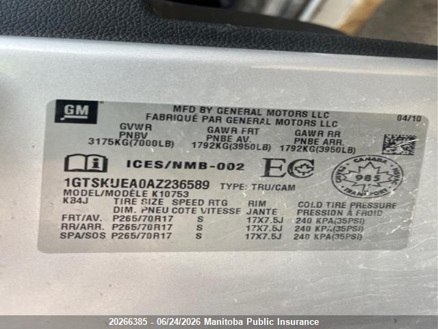 2010 Gmc Sierra 1500 Nevada Edition მანქანა იყიდება აუქციონზე, vin: 1GTSKUEA0AZ236589, აუქციონის ნომერი: 20266385