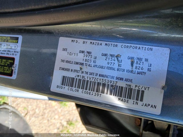 20266434 :رقم المزاد ، JM1BL1V72C1553937 vin ، 2012 Mazda Mazda3 Gs Sky مزاد بيع
