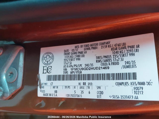 Ford ESCAPE S 2017 1FMCU9GD2HUD21469 Image 8