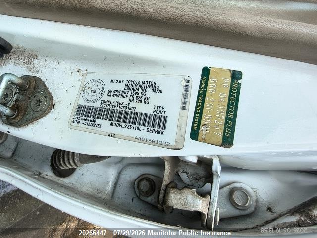 Продаж на аукціоні авто 2001 Toyota Corolla Ce, vin: 2T1BR12E71C831807, номер лоту: 20266447