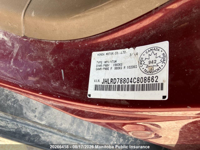 Aukcja sprzedaży 2004 Honda Cr-v Ex, vin: JHLRD78804C808662, numer aukcji: 20266458