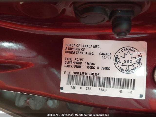 2012 Honda Civic Lx მანქანა იყიდება აუქციონზე, vin: 2HGFB2F46CH012021, აუქციონის ნომერი: 20266478