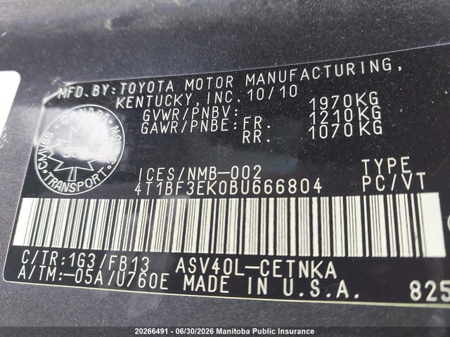 20266491 :رقم المزاد ، 4T1BF3EK0BU666804 vin ، 2011 Toyota Camry Le مزاد بيع