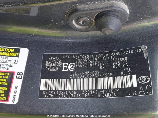 20266493 :رقم المزاد ، 2T1BU4EE2BC541505 vin ، 2011 Toyota Corolla Le مزاد بيع