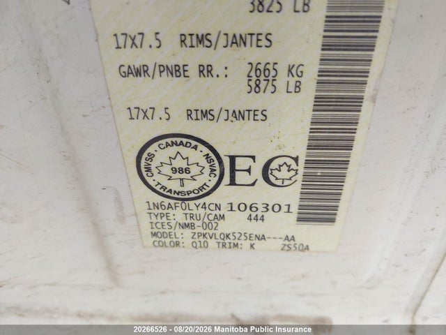 2012 Nissan Nv 2500 S V8 Cargo Van მანქანა იყიდება აუქციონზე, vin: 1N6AF0LY4CN106301, აუქციონის ნომერი: 20266526