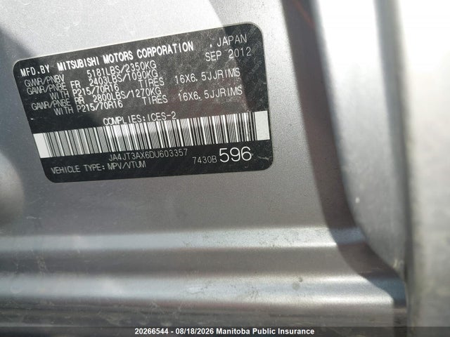 2013 Mitsubishi Outlander Ls მანქანა იყიდება აუქციონზე, vin: JA4JT3AX6DU603357, აუქციონის ნომერი: 20266544