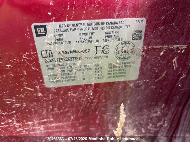 Aukcja sprzedaży 2012 Gmc Terrain Sle, vin: 2GKFLTEK8C6277878, numer aukcji: 20266563