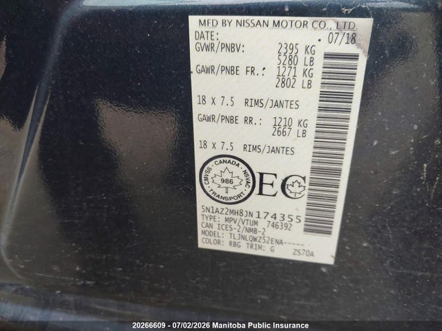 Aukcja sprzedaży 2018 Nissan Murano Sv, vin: 5N1AZ2MH8JN174355, numer aukcji: 20266609