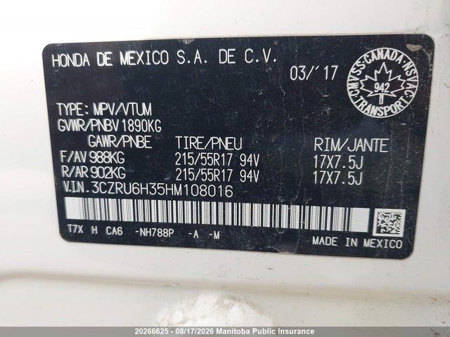 3CZRU6H35HM108016 Honda HR-V LX