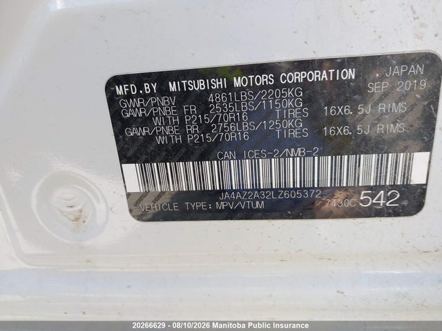 20266629 :رقم المزاد ، JA4AZ2A32LZ605372 vin ، 2020 Mitsubishi Outlander Es مزاد بيع