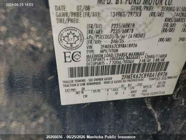 2009 Ford Flex Sel მანქანა იყიდება აუქციონზე, vin: 2FMEK62C89BA18926, აუქციონის ნომერი: 20266656