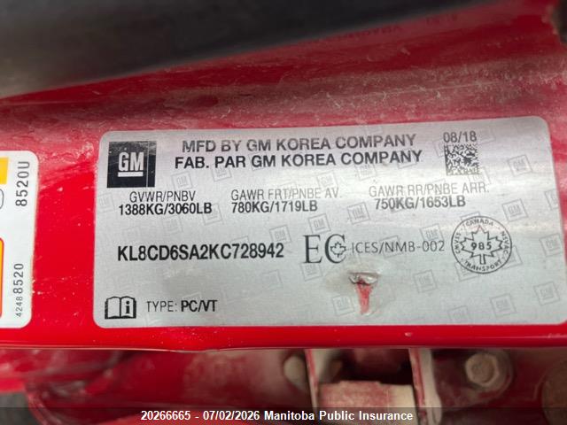 20266665 :رقم المزاد ، KL8CD6SA2KC728942 vin ، 2019 Chevrolet Spark Lt مزاد بيع