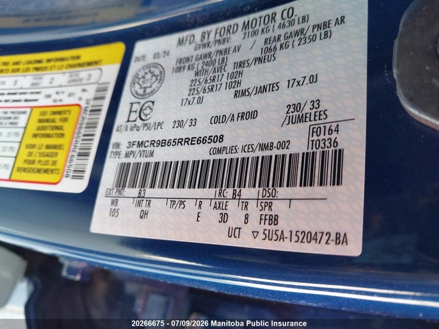 20266675 :رقم المزاد ، 3FMCR9B65RRE66508 vin ، 2024 Ford Bronco Sport Big Bend مزاد بيع