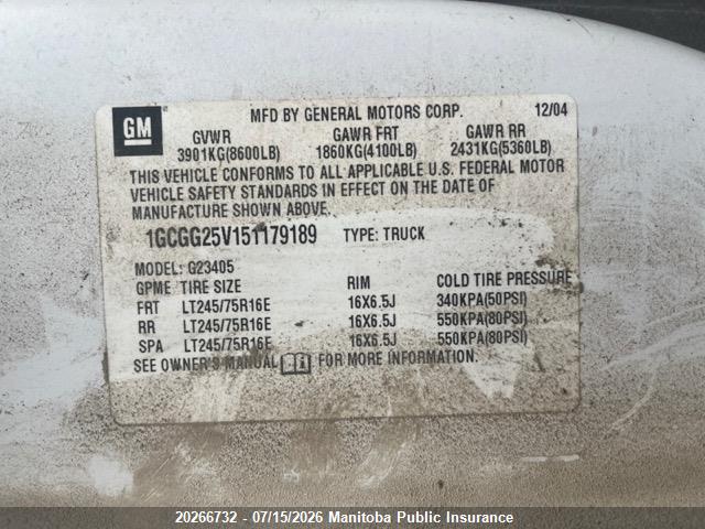 Aukcja sprzedaży 2005 Chevrolet Express 2500 Cargo Van, vin: 1GCGG25V151179189, numer aukcji: 20266732