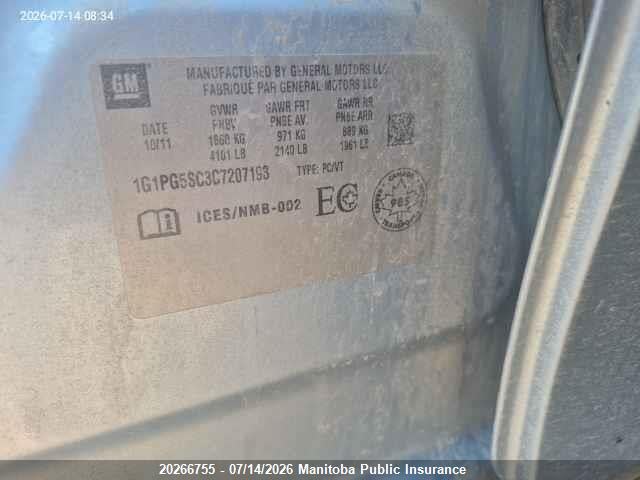 20266755 :رقم المزاد ، 1G1PG5SC3C7207193 vin ، 2012 Chevrolet Cruze Lt Turbo مزاد بيع