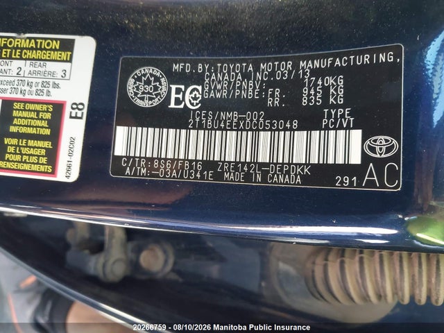 20266759 :رقم المزاد ، 2T1BU4EEXDC053048 vin ، 2013 Toyota Corolla Ce مزاد بيع