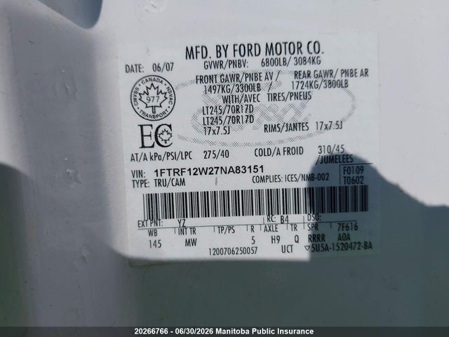 Продаж на аукціоні авто 2007 Ford F150 Xlt Pickup, vin: 1FTRF12W27NA83151, номер лоту: 20266766