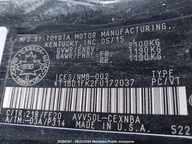 2015 Toyota Camry Le Hybrid მანქანა იყიდება აუქციონზე, vin: 4T1BD1FK2FU172037, აუქციონის ნომერი: 20266767