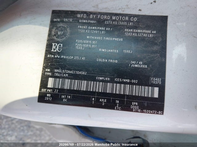 Продажа на аукционе авто 2012 Ford Transit Connect Xlt Cargo Van, vin: NM0LS7DN4CT104562, номер лота: 20266769