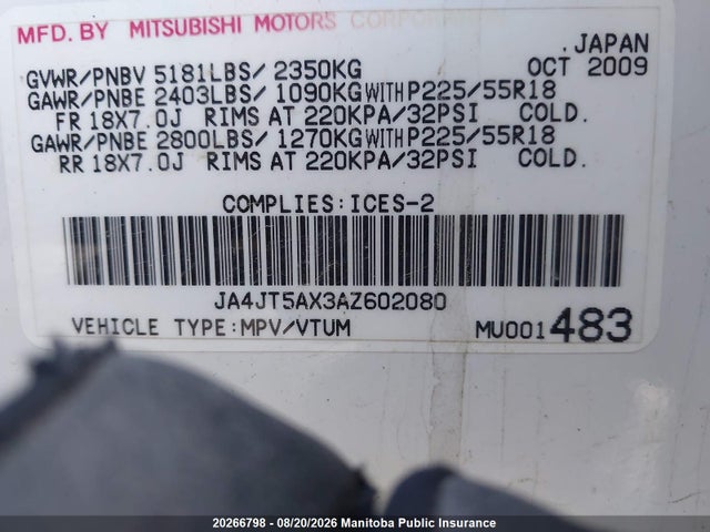 20266798 :رقم المزاد ، JA4JT5AX3AZ602080 vin ، 2010 Mitsubishi Outlander Xls مزاد بيع