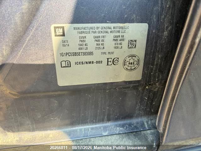 1G1PC5SB5E7383085 Chevrolet Cruze Lt Turbo