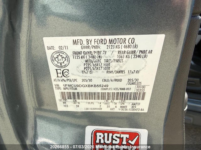 20266855 :رقم المزاد ، 1FMCU9DGXBKB55249 vin ، 2011 Ford Escape Xlt V6 مزاد بيع