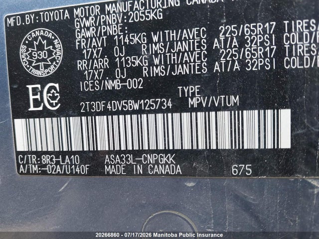 Продаж на аукціоні авто 2011 Toyota Rav4 Limited, vin: 2T3DF4DV5BW125734, номер лоту: 20266860