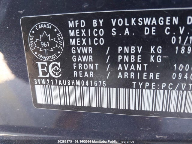 Продаж на аукціоні авто 2017 Volkswagen Golf 1.8 Tsi, vin: 3VW217AU8HM041675, номер лоту: 20266875