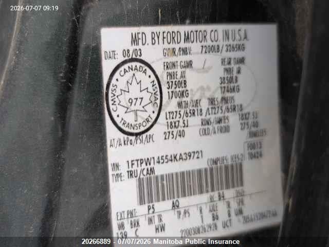 20266889 :رقم المزاد ، 1FTPW14554KA39721 vin ، 2004 Ford F150 Supercrew مزاد بيع