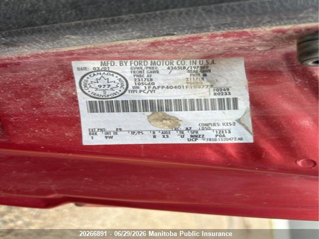 2001 Ford Mustang მანქანა იყიდება აუქციონზე, vin: 1FAFP40401F188779, აუქციონის ნომერი: 20266891