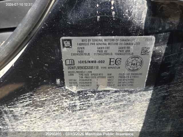 Продажа на аукционе авто 2012 Chevrolet Equinox Lt, vin: 2GNFLNEK0C6205118, номер лота: 20266895