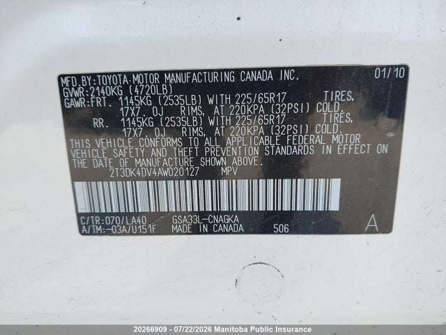 Продаж на аукціоні авто 2010 Toyota Rav4 Limited V6, vin: 2T3DK4DV4AW020127, номер лоту: 20266909