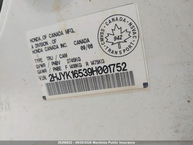 Aukcja sprzedaży 2009 Honda Ridgeline Rt, vin: 2HJYK16539H001752, numer aukcji: 20266922