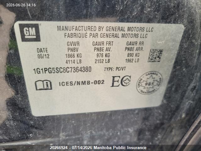 Aukcja sprzedaży 2012 Chevrolet Cruze Lt Turbo, vin: 1G1PG5SC8C7364380, numer aukcji: 20266924