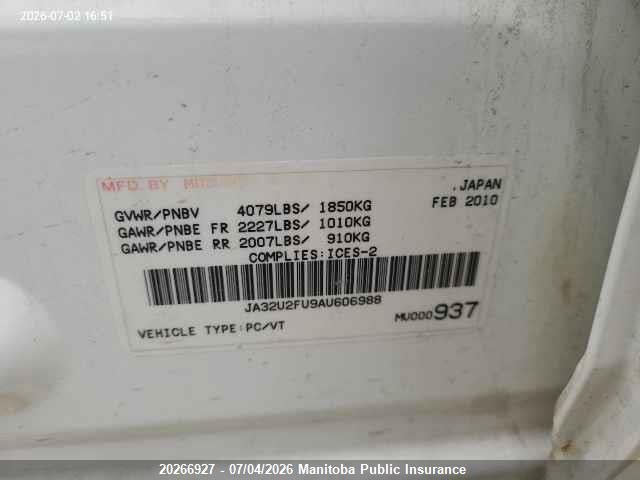 Aukcja sprzedaży 2010 Mitsubishi Lancer Se, vin: JA32U2FU9AU606988, numer aukcji: 20266927