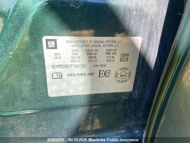 Aukcja sprzedaży 2015 Chevrolet Cruze Lt Turbo, vin: 1G1PC5SB7F7241726, numer aukcji: 20266935