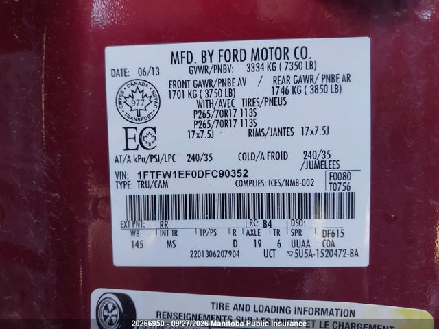 Продаж на аукціоні авто 2013 Ford F150 Xlt Supercrew, vin: 1FTFW1EF0DFC90352, номер лоту: 20266950