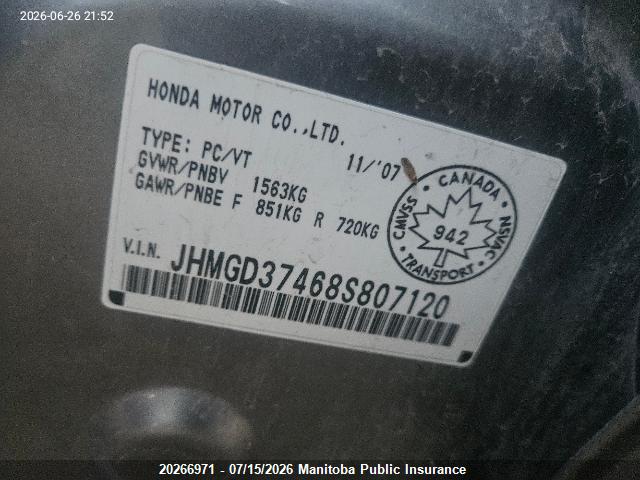 Aukcja sprzedaży 2008 Honda Fit Lx, vin: JHMGD37468S807120, numer aukcji: 20266971