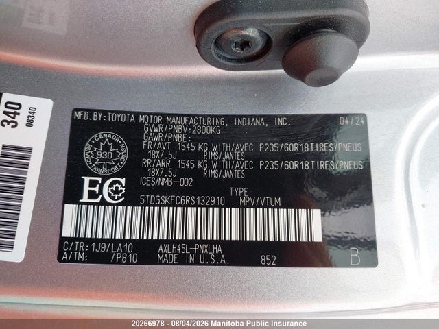 20266978 :رقم المزاد ، 5TDGSKFC6RS132910 vin ، 2024 Toyota Sienna Limited Hybrid مزاد بيع