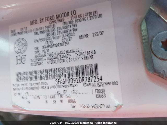 2013 Ford Fusion Se მანქანა იყიდება აუქციონზე, vin: 3FA6P0D92DR287254, აუქციონის ნომერი: 20267041