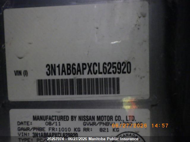 Продаж на аукціоні авто 2012 Nissan Sentra 2.0, vin: 3N1AB6APXCL625920, номер лоту: 20267074