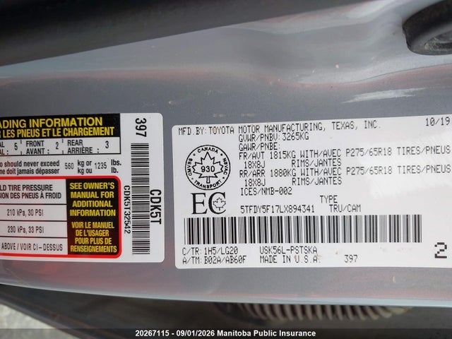 Продаж на аукціоні авто 2020 Toyota Tundra Sr5 V8 Crewmax, vin: 5TFDY5F17LX894341, номер лоту: 20267115