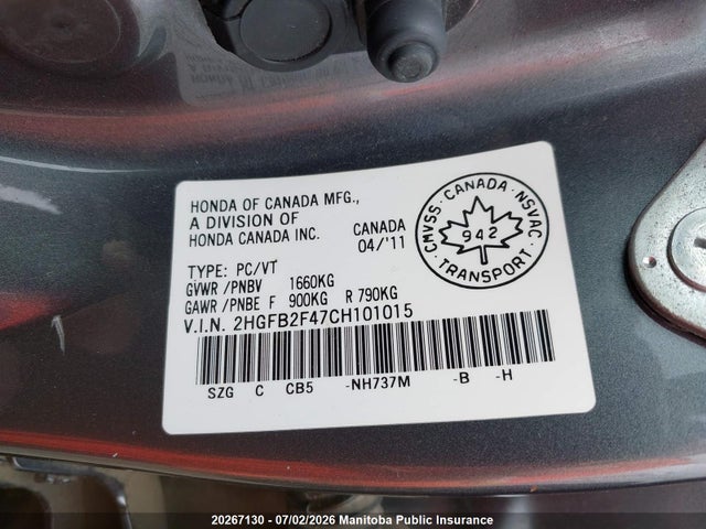 Продаж на аукціоні авто 2012 Honda Civic Lx, vin: 2HGFB2F47CH101015, номер лоту: 20267130