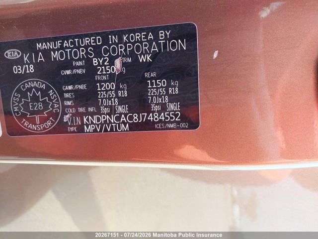 20267151 :رقم المزاد ، KNDPNCAC8J7484552 vin ، 2018 Kia Sportage Ex Premium مزاد بيع