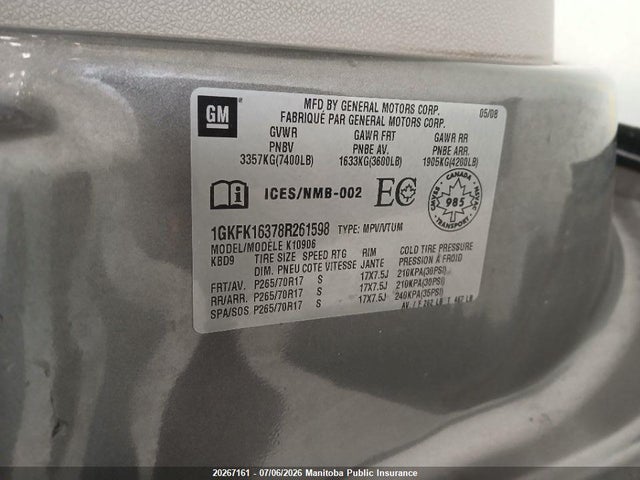 Aukcja sprzedaży 2008 Gmc Yukon Xl 1500 Slt, vin: 1GKFK16378R261598, numer aukcji: 20267161