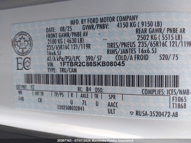 Продаж на аукціоні авто 2025 Ford Transit 250 Wb 148 Cargo Van, vin: 1FTBR2C88SKB08045, номер лоту: 20267163