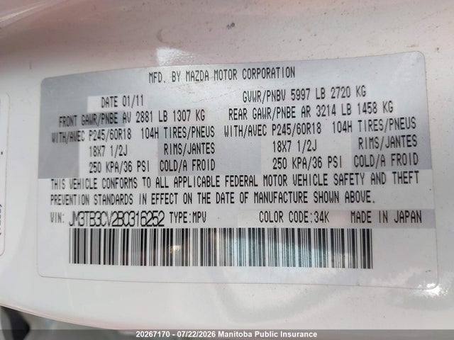 Aukcja sprzedaży 2011 Mazda Cx -9 Gs, vin: JM3TB3CV2B0316252, numer aukcji: 20267170