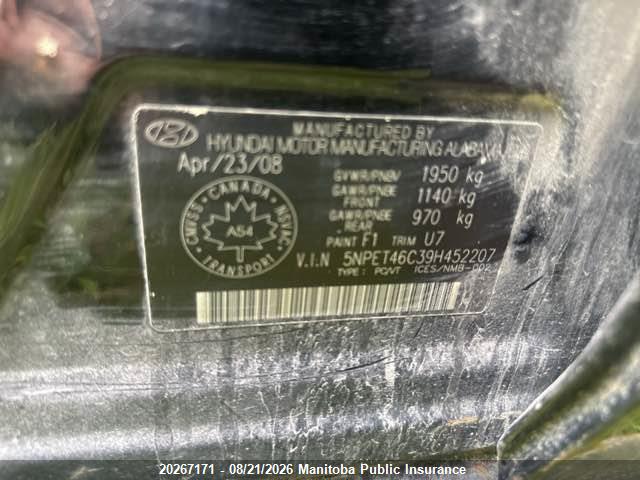 20267171 :رقم المزاد ، 5NPET46C39H452207 vin ، 2009 Hyundai Sonata Gls مزاد بيع