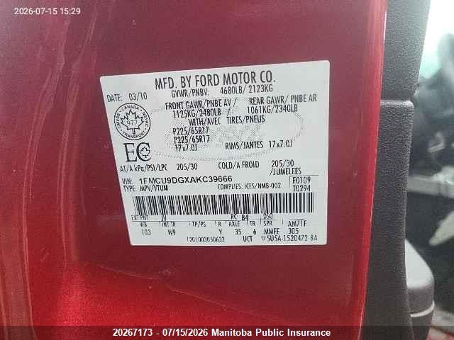 Aukcja sprzedaży 2010 Ford Escape Xlt V6, vin: 1FMCU9DGXAKC39666, numer aukcji: 20267173