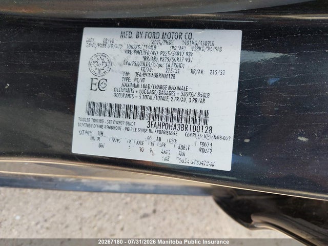 20267180 :رقم المزاد ، 3FAHP0HA3BR100128 vin ، 2011 Ford Fusion Se مزاد بيع